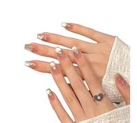 YsRoad Press On Nails - Short,Almond Fake,Long Stiletto False Nails 3D, Square, Coffin, and French Tip Designs with Gold Flower Rhinestones, Removable Glue-On,Size M