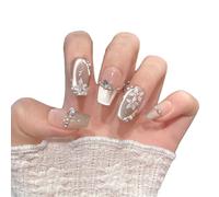 YsRoad Press On Nails - Short,Almond Fake,Long Stiletto False Nails 3D, Square, Coffin, and French Tip Designs with Gold Flower Rhinestones, Removable Glue-On,Size L