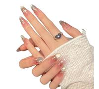 YsRoad Press On Nails - Short,Almond Fake,Long Stiletto False Nails 3D, Square, Coffin, and French Tip Designs with Gold Flower Rhinestones, Removable Glue-On,Size L