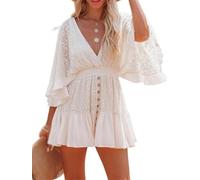 yssgtt Women Summer Lace Romper Dress, Batwing Sleeve, Backless, V Neck, Sexy Crochet Dress with Built in Shorts White