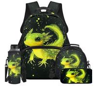 Ystardream 4 Pcs School Backpack with Lunch Box Set 17 Inch Green Axolotl Backpack for Boys with Lightweight & Multiple Pockets Design Ergonomic Back Support forTeens Back to School Supplies