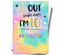 YSTEP Tie Dye 10th Birthday Party Invitations, 20 Invite Cards with Envelopes, 4"x6" Peace out Single Digits Birthday Party Invites - A12