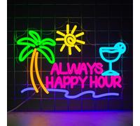 YSUIEC Always Happy Hour Neon Sign, Dimmables Beach Neon Signs for Wall Decor, Palm Tree Led Light Up Signs for Bedroom Bar Club Pub Man Cave Restaurant Party Decorations