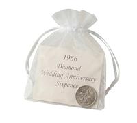 YSUY 1966 Sixpence Coin for 60th Diamond Wedding Anniversary - with Organza Bag & 6x4.5cm Greeting Card - Traditional Keepsake Gift for 60 Years - Nostalgic 1966 Sixpence for Anniversary Celebrations