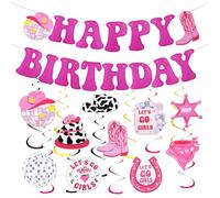 YSUY Disco Cowgirl Party Decorations - 22PCS Pink Cowgirl Birthday Decorations, Happy Birthday Banner, Y2K Preppy Hanging Swirls & Bunting for Women, Girls, Bachelorette, 1st Birthday