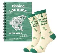 YSUY Fishing Log Book & Lucky Socks Gift Set - A5 Green Angler's Journal to Record Catches & Trips with Men's Fun Novelty Fishing Socks - 100-Page Fishing Diary for Fishermen