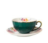 YT-KOKE Solid Ceramic Coffee Cups with Gold Rim, Black Tea Cup and Saucers Set with Gold Handle, Ceramic Coffee Cups with Saucers, Espresso Demitasse Cups (Dark Green)