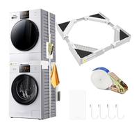 YTACREA Washer Dryer Stacking Kit Universal, Washing Machine Stacking Kits with 8 Anti Vibration Foot Pads and Ratchet Ropes, Adjustable Frame for 44.5-70 CM Stackable Washer/Dryer with 4 Hooks, White
