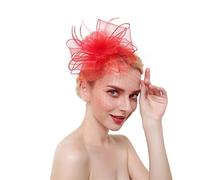 YTBHSHXZ, Fascinators Hat Women Flower Mesh Ribbons Feathers Headband Hair Clip Cocktail Tea Party Headwear(Red)