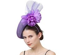YTBHSHXZ， Lady Fascinators Hat Headband Hair Clip Cocktail Tea Party With Veil Feather Headwear(Light purple)