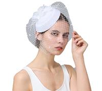 YTBHSHXZ, Women Fascinator With Face Veil Wedding Headwear Bride Headpece Hair Clip Headband Party Fedora Cap(White)