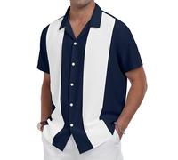 YTD Men's Vintage Bowling Shirt Short Sleeve Button Down Summer Cuba Beach Shirts, Navy Blue White, XL