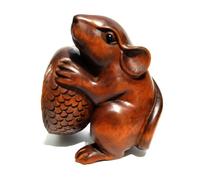 YTDJJWLS 2" Hand Carved Boxwood Netsuke Figurine Carving Mouse and Fish