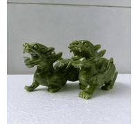 YTDJJWLS A Pair 5.12" Chinese Natural Green Jade Dragon Pixiu Statue Collect Decor