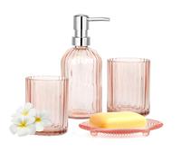 YTDTKJ Glass Bathroom Accessory Set, Stripe Toiletries Set of 4, Bathroom Container Set, Hand Soap Dispenser Bottle, Toothbrush Holder, Mouthwash Cup, Soap Holder, Soap Dish (Pink)