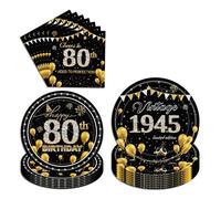 YTEWFGL 80th Birthday Party Decorations Set - 96 Pcs Black Gold 80th Birthday Table Decorations Including Paper Plates and Napkins Dinnerware Party Decoration for Women Serve 24 Guests