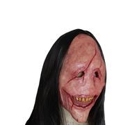 YTFSKFUI Devil Mask, Red Face with Exposed Teeth Demon Mask, Latex Full Head Horror Mask with Long Hair, Realistic Rotten Latex Halloween Masks for Adults for Party Cosplay Challenge Games