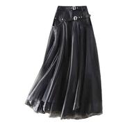 YTGHBIML Mesh Loose Party Skirts Women's High-Waisted Fringed Cake Skirt Chic and Charming Pleated Skirt Women's Mesh Tulle Skirt Black