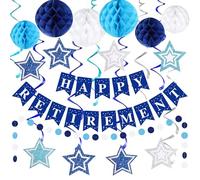 YTHETM Happy Retirement Party Decorations for Men Women Blue Silver Happy Retirement Banner Honeycomb Balls Stars Hanging Swirl Streamers Circle Dots Garland