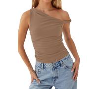 Ythomm Women One Shoulder Ruched Crop Tank Tops Casual Off The Shoulder Twist Strap Summer Tanks Tops Going Out Crop Shirts, Light Brown, L
