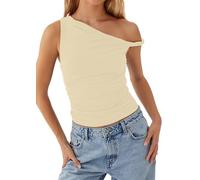 Ythomm Women One Shoulder Ruched Crop Tank Tops Casual Off The Shoulder Twist Strap Summer Tanks Tops Going Out Crop Shirts, Apricot, S