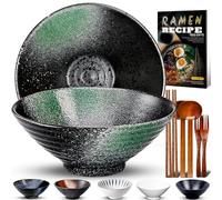 YTLEMON 36 Oz Ceramic Ramen Bowl Set of 2 - Porcelain Japanese Salad Noodles Cereal Fruit Pasta Soup Large Bowls 2×1000 ml with Recipes Chopsticks Forks and Spoons for Party Camping Men Women Gift