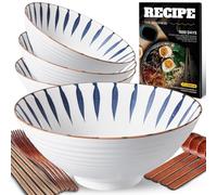 YTLEMON 36 Oz Ceramic Ramen Bowl Set of 4 - Porcelain Japanese Salad Noodles Cereal Fruit Pasta Soup Large Bowls 4×1000 ml with Recipes Chopsticks Forks and Spoons for Party Camping Men Women Gift