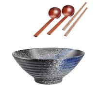 YTLEMON Ramen Bowl Set -Japanese Salad Noodles Cereal Fruit Pasta Soup Large Bowls with Recipes Chopsticks Forks and Spoons for Party Men Women Gift Black