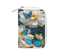 YTLKGFP Leather Card Organizer Case Card Wallet Credit Card Holder White Blooms Blue Butterflies Printed Zipper Card Cases Holder for Women Men, White Blooms Blue Butterflies, 6.3 x 4.5 inch,