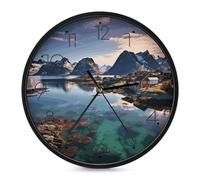 YTLKGFP Round Norway Islands Wall Clock 10 Inch Battery Operated Decorative Clocks Silent Non Ticking Modern Wall Clock Easy to Read for Office Home Bathroom Kitchen Bedroom Black