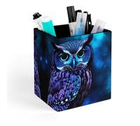 YTLKGFP Square Blue Owl Pen Holder PU Leather Pencil Organizer Box Desktop Stationery Container Case Stand Makeup Brush Accessories Storage Caddy for Home Office School