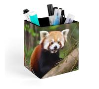 YTLKGFP Square Red Panda Pen Holder PU Leather Pencil Organizer Box Desktop Stationery Container Case Stand Makeup Brush Accessories Storage Caddy for Home Office School