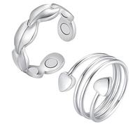 YTLSDHF 2 Pcs Magnetic Rings for Women with Wave Design and Heart Pattern, Adjustable Silver Magnetic Ring, Copper Ring for Women Men, Classic Finger Rings for Daily Party Presents