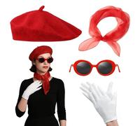 YTLSDHF 4-Piece French Women's Beret Set, French Costume Accessories with Red Beret, Scarf, Sunglasses and Gloves for Women Girls Cosplay, Themed Parties and Daily Fashion Supplies