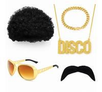 YTLSDHF 80s Fancy Dress Men, 5-Piece Disco Hippie Costume Set with Afro Wig,70s Fancy Dress Mens, for Retro Themed Parties, Halloween, Music Festivals, School Celebrations