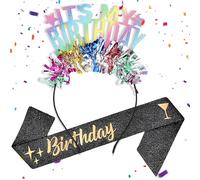 YTPAFK Birthday Headband and Black Gold Girl Sash, Its My Birthday Headband, Girl Fabulous Glitter Sash and Rainbow Tassel Crowns For Girls Women