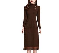 YTR6RTW Lace Hem Buttons Women Autumn Winter Sweater Knitted A Line Dresses Ribbed Slim Elastic Lady Bodycon Midi Dresses Coffee S