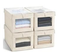YTSMFL Wardrobe Storage Organiser Foldable, 4 Pack Storage Boxes with Lids Foldable Storage Cubes with Transparent Window Fabric Storage Organiser Box for Toys Clothes Closet(Beige)