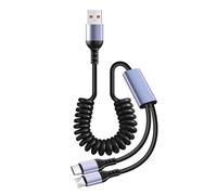 YTtkku 2 In 1 MicroUSB & Type C Car Charging Cable With Stretchable Spring Charging Data Cable For Multiple Devices MicroUSB And Type C