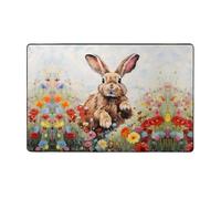 YTUOPWE Rabbit running in the flower field Picture Flannel Fabric Carpet 60x39in Floor Mat for Living Room, Office, Coffee Table, Bed, Balcony
