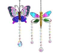 YU FENG Set 2 Suncatchers with Crystals,Stained Glass Butterfly Dragonfly Sun Catchers Window Garden Hanging Decoration Ornament,Prism Rainbow Maker Pendant