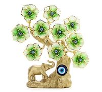 YU FENG Turkish Blue Evil Eye Gold Fortune Tree with Elephant Figurine and Green Flowers for Home Decor
