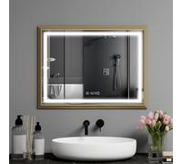 YU YUSING Bathroom Mirror with Led Lights, 80 x 60 CM Illuminated Bathroom Wall Mirror with Dimmable 3 Color Light Touch Control, Vanity Mirror with Demister Anti-Fog, Time Display, IP44, Gold Frame