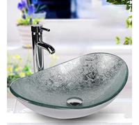 YU YUSING Countertop Bathroom Sink Basin Oval Hand Washbowl Tempered Glass with Tap Waste Set, Cloakroom Kitchen Toilet, Silver