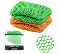 Yuaerbuo 2 Pcs African Net Sponge Authentic with Knots, 70×50cm /27.56×19.69in Deep Cleaning Bath Sponge African Nets Rich Foaming Exfoliating African Sponges for Men Women Shower (Orange+Green)
