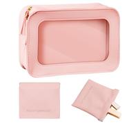 Yuaerbuo 2 Pcs Large Leather Clear Makeup Bag with Mini Purse Pocket, Transparent Toiletry Bag with Double Zippers Clear Leather Cosmetic PVC Washbag for Women Girls Travel Storage (Pink)