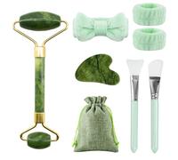 Yuaerbuo Face Massager Gua Sha Board Green Jade Rollers, Natural Face Roller Gua Sha Jade Quartz Facial Massager Stone, Jade Roller Skincare Headband Face Brushes Guasha Set (Green)