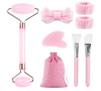 Yuaerbuo Face Massager Gua Sha Board Pink Jade Rollers, Natural Face Roller Gua Sha Jade Rose Quartz Facial Massager Stone, Jade Roller Skincare Headband Face Brushes Guasha Set (Pink)