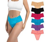 Yuamose High Waist Lace Thongs For Women Plus Size Wide Gusset Underwear High Rise Panties Cotton Thong For Women Pack 3/6, Black*1 Nude*1 Pink*1 Blue*1 Purple*1 Red*1, XL