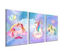 YUANAND Unicorn Wall Art Girl's Bedroom Decor - Rainbow Canvas Pictures for Kids Nursery Home Decor - Watercolor Framed Posters Paintings